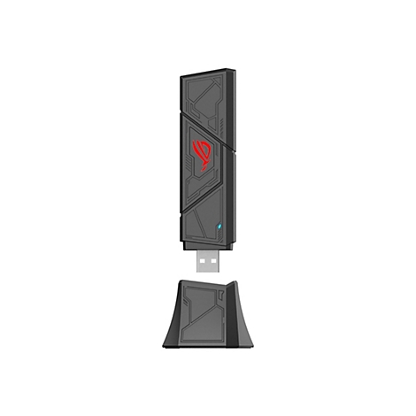 Ein schwarzer USB-Empfänger mit rotem Logo. Basis für Empfänger daneben.