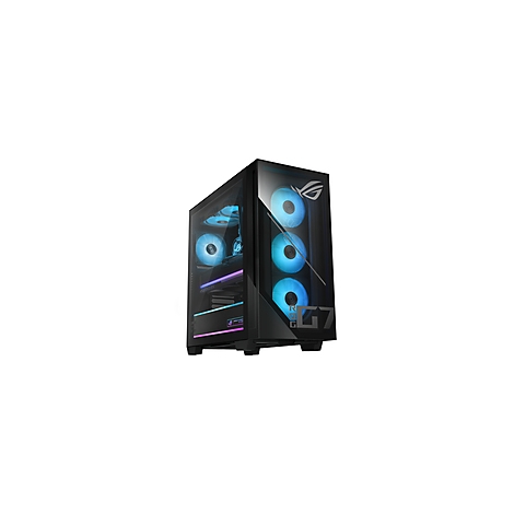 Schwarzer PC-Tower mit Glasfront. Innenbeleuchtung mit blauen und lilafarbenen LEDs. ROG-Logo.