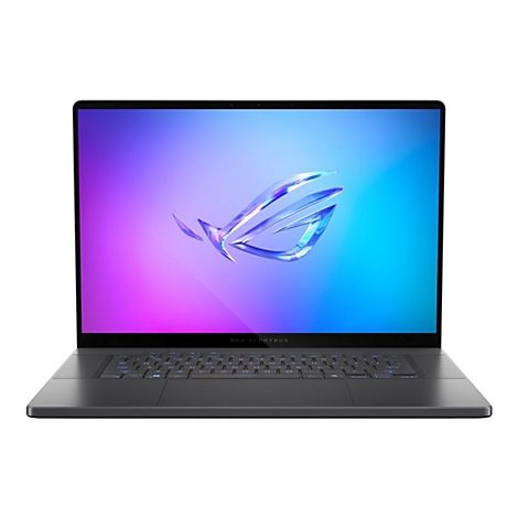 Dunkelgraues Notebook mit blau-violettem Bildschirm. Das ROG Zephyrus-Logo ist zu sehen.