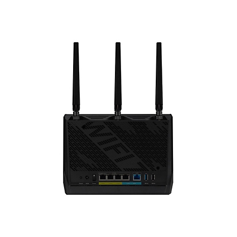 Routeur Wi-Fi noir avec trois antennes, texte "WIFI" et ports.