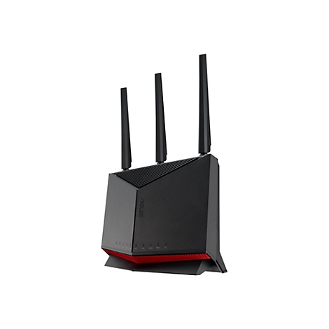 Routeur noir avec trois antennes, dessous rouge et logo ASUS.