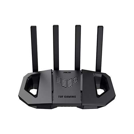 Routeur Wi-Fi noir avec quatre antennes, impression "ASUS" et "TUF GAMING".