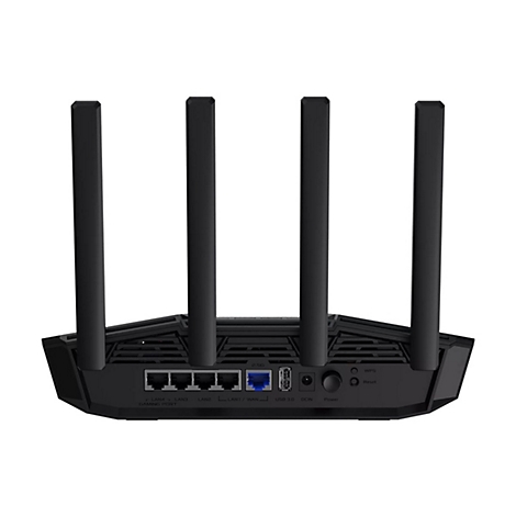Routeur noir avec quatre antennes, vue arrière. Connexions pour LAN, USB et alimentation.