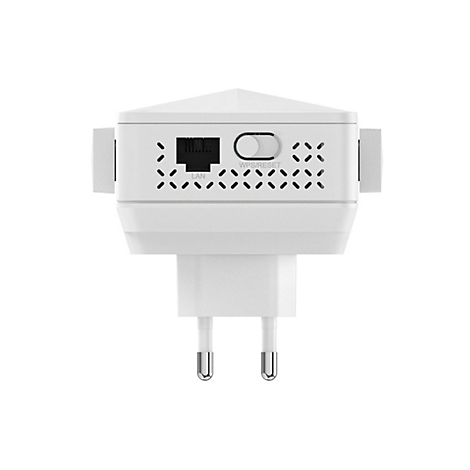 Weißer WLAN-Repeater mit LAN-Anschluss, WPS-Reset-Taste und europäischem Stecker vor weißem Hintergrund.