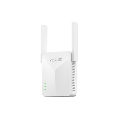 Weißer Asus WLAN-Repeater mit zwei Antennen und leuchtenden grünen Status-LEDs vor neutralem Hintergrund.