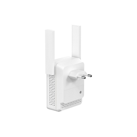 Weißer WLAN-Repeater mit zwei ausklappbaren Antennen und integriertem Euro-Stecker vor weißem Hintergrund.