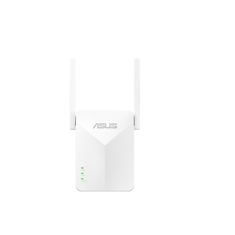 Weißer Asus WLAN-Repeater mit zwei Antennen und leuchtenden grünen Status-LEDs vor neutralem Hintergrund.