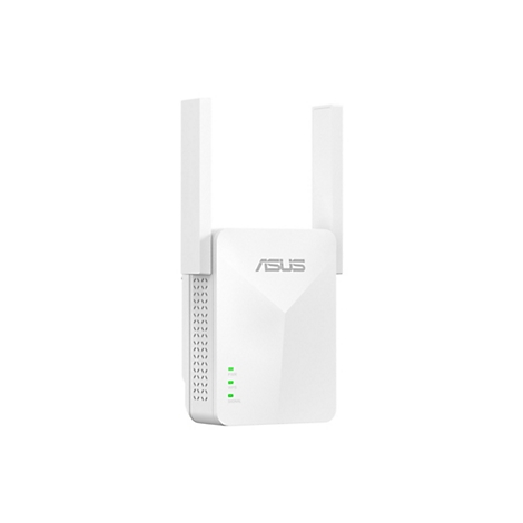 Weißer Asus WLAN-Repeater mit zwei Antennen, Asus-Logo und leuchtenden grünen Status-LEDs auf weißem Grund.