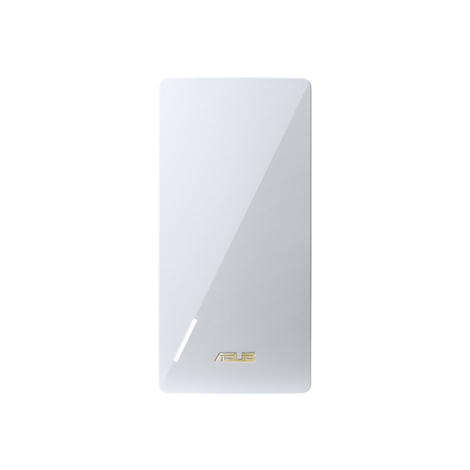 Ein weißes, rechteckiges Gerät mit abgerundeten Ecken. Auf der Oberfläche ist das Logo „ASUS“ in Gold aufgedruckt.