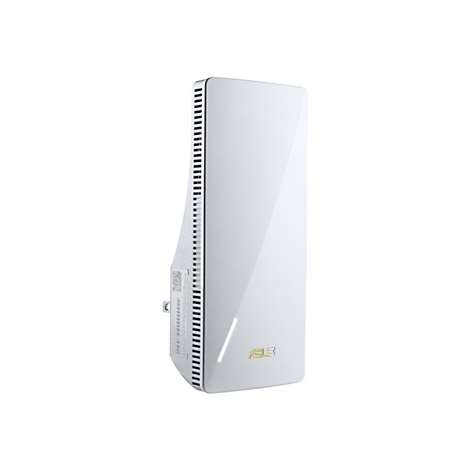 Ein weißes ASUS-WLAN-Gerät mit vertikalem Design. Auf der Vorderseite befindet sich das ASUS-Logo in Gold, darunter ein dünner, vertikaler Schlitz.