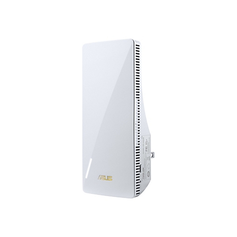 Ein weißer, länglicher WLAN-Repeater mit dem Logo "ASUS". Die rechte Seite hat Schlitze zur Belüftung. Auf der Seite befinden sich technische Daten.
