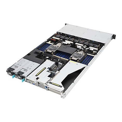 Geöffneter Server mit freiliegender Hardware, Prozessoren, blauen RAM-Steckplätzen und Lüftern vor weißem Hintergrund.