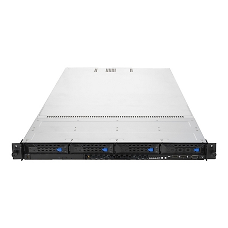 Rack-Servergehäuse mit vier Festplatteneinschüben und Metallgehäuse auf weißem Hintergrund.