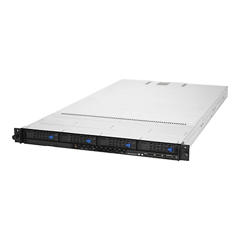 Silberner Rack-Server mit vier Laufwerksschächten und vorderseitigen Anschlüssen vor weißem Hintergrund.