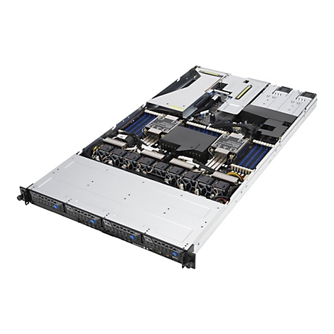 Geöffneter Rack-Server mit sichtbaren Prozessoren, Arbeitsspeicher, Lüftern und Laufwerksschächten vor weißem Hintergrund.