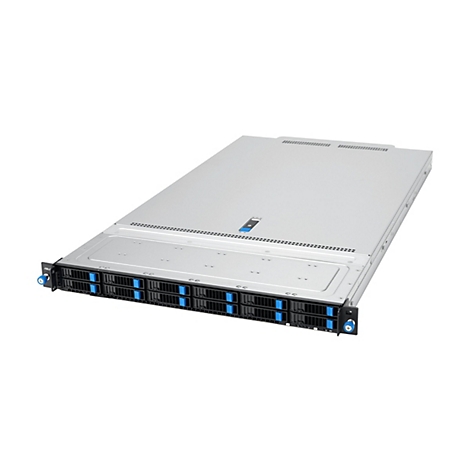 Flacher silberner ASUS Serverschrank mit acht schwarzen Festplatteneinschüben und blauen Akzenten.