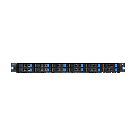 Schwarzes Asus Rackmount-Servergehäuse mit mehreren Festplatteneinschüben und blauen Verriegelungshebeln.