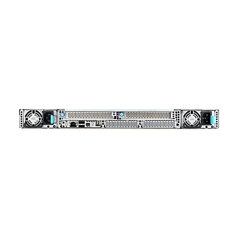 Rückseite eines Servers mit zwei Netzteilen, verschiedenen Anschlüssen und Lüftern vor weißem Hintergrund.