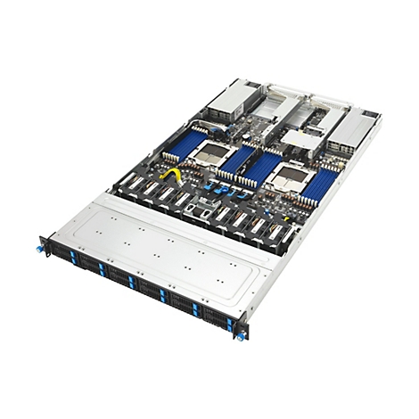 Geöffneter Rack-Server mit blauen Arbeitsspeicherbänken und Lüftern auf einem weißen Hintergrund.