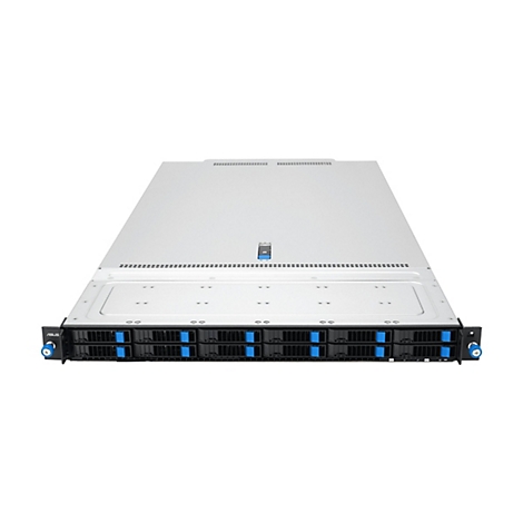 Asus Rack-Server mit acht Festplatteneinschüben und blau-schwarzen Akzenten vor weißem Hintergrund.