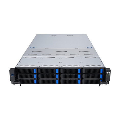 Ein Server-Rack mit grauer Oberseite und schwarzer Front, mit blauen Elementen und USB-Anschlüssen.