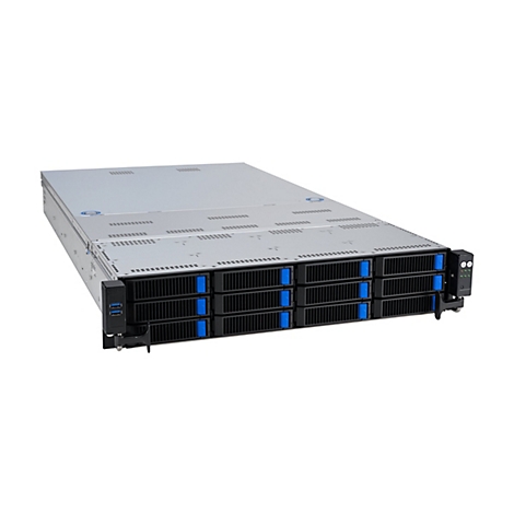 Ein grauer Server-Rack mit schwarzen Frontplatten und blauen Hebeln. Oben ist das Gehäuse mit Lüftungslöchern versehen.