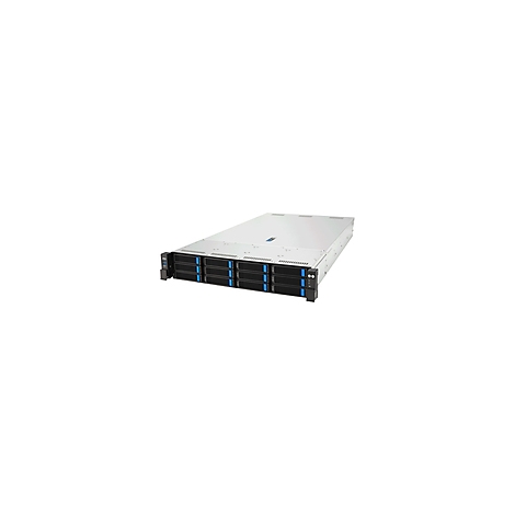 Ein Server-Rack mit blauen und schwarzen Frontplatten. Auf hellem Grund, seitliche Ansicht.