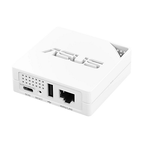 Weißer, quadratischer ASUS Router mit seitlichen Anschlüssen wie USB, LAN und Stromanschluss auf neutralem Grund.