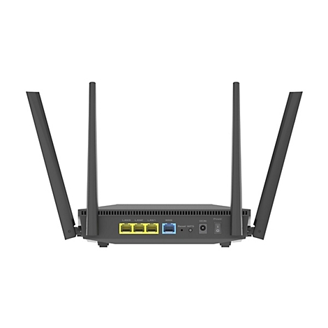 Draufsicht auf einen schwarzen Router. Auf der Rückseite befinden sich Anschlüsse mit gelben und blauen Öffnungen. Mehrere Antennen ragen auf.