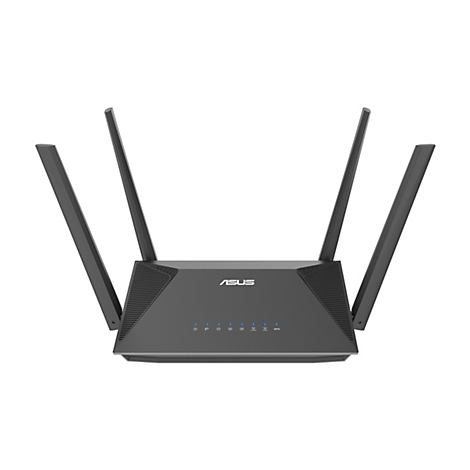 Schwarzer WLAN Router mit vier Antennen, ASUS-Logo, blaue LEDs.