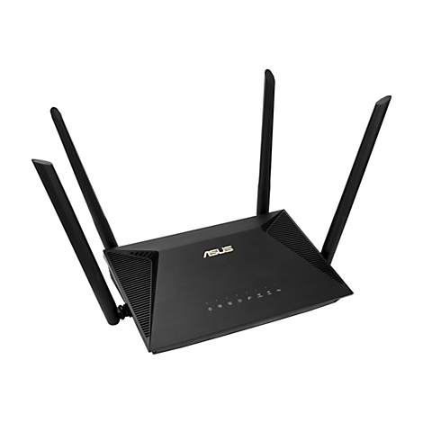 Routeur noir avec quatre antennes, logo ASUS, sur fond blanc.