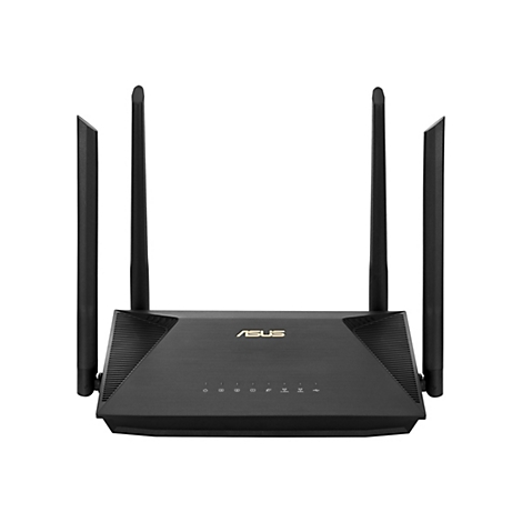 Un routeur sans fil noir avec quatre antennes, sur fond blanc. La marque ASUS est visible au milieu en haut.