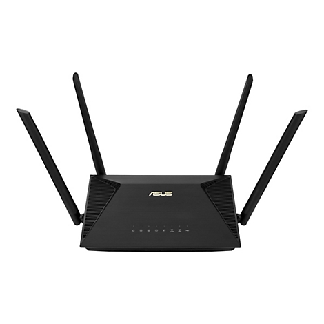 Schwarzer ASUS-Router mit vier Antennen, auf weißem Hintergrund.