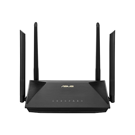 Schwarzer Router mit vier Antennen, ASUS-Logo. Der Router steht vor weiÃŸem Hintergrund.