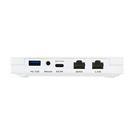 Die Oberseite eines weißen Routers, mit Anschlüssen für USB, Reset, DCIN, WAN und LAN.