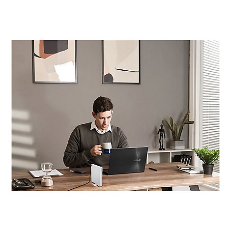 Ein Mann sitzt an einem Holzschreibtisch, Laptop, Tasse, weiße Box und Pflanzen.