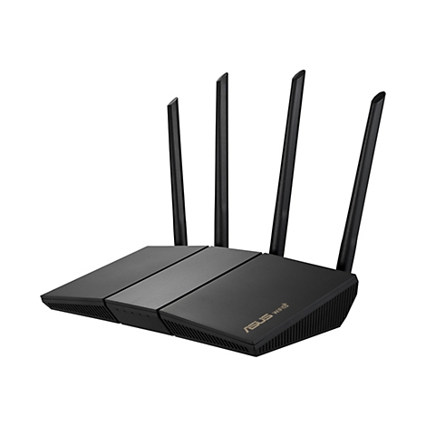 Routeur noir avec quatre antennes, sur fond blanc. L'appareil porte le logo ASUS.