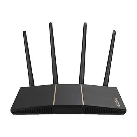 Ein schwarzer WLAN-Router mit vier Antennen, die aus dem Gehäuse ragen.