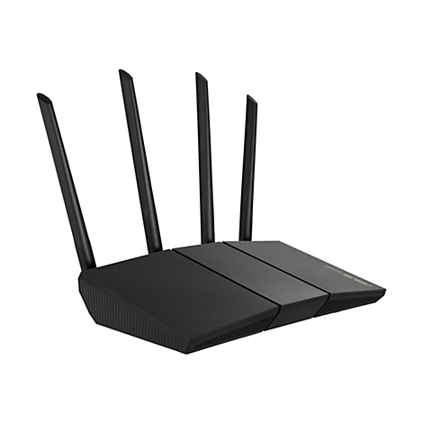 Schwarzer Router mit vier Antennen, auf weißem Hintergrund.