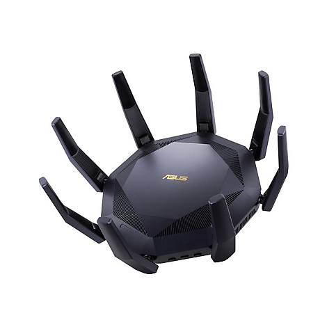 Schwarzer Router mit mehreren Antennen, Marke Asus, vor weiÃŸem Hintergrund.