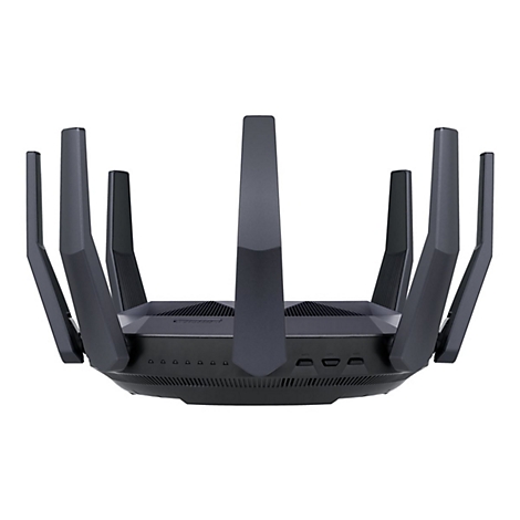 Draufsicht auf einen schwarzen Router mit neun Antennen, weiÃŸer Hintergrund.