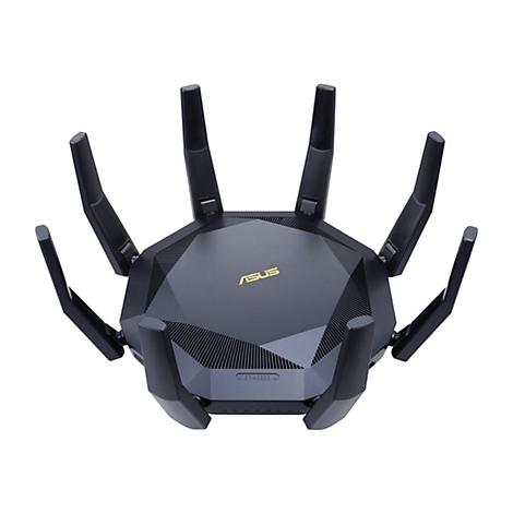 Schwarzer Router, oben betrachtet, mit sechs Antennen. Der Schriftzug ASUS ist golden.