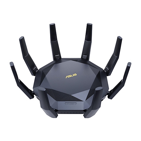 Draufsicht auf einen schwarzen WLAN-Router mit Antennen. Das Logo "ASUS" ist goldfarben.