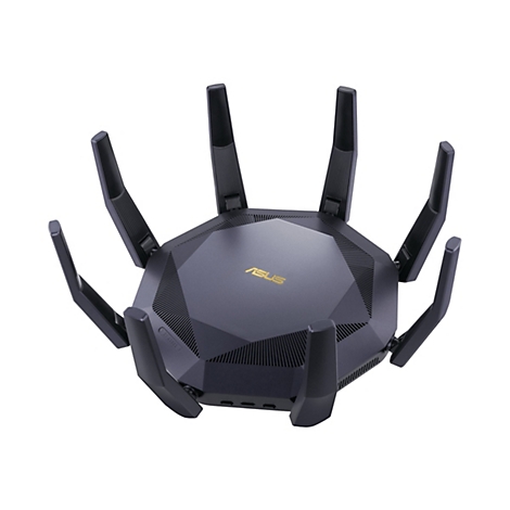 Draufsicht auf einen schwarzen ASUS-Router mit goldfarbenem Logo und sechs Antennen.