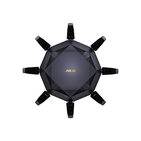 Draufsicht auf einen schwarzen Router mit acht Antennen, ASUS-Logo.