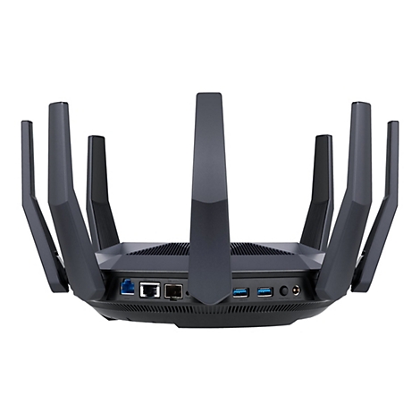 Draufsicht auf einen schwarzen Router mit mehreren Antennen, Anschlüssen und Knöpfen.