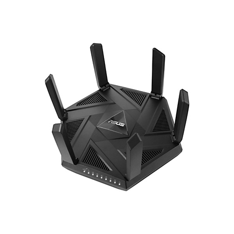 Routeur noir avec six antennes, le logo 'ASUS' au centre. Des LED sont visibles à l'avant.