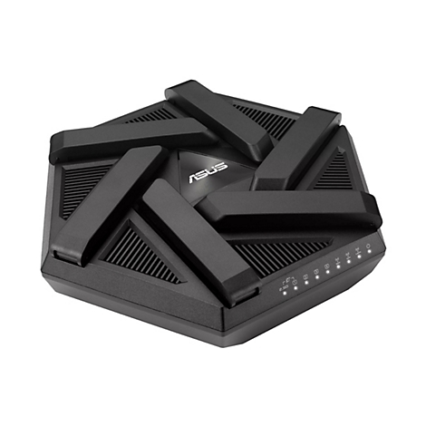 Un routeur Wi-Fi noir avec sept antennes. Le logo ASUS est en haut. Il y a des indicateurs lumineux à l'avant.