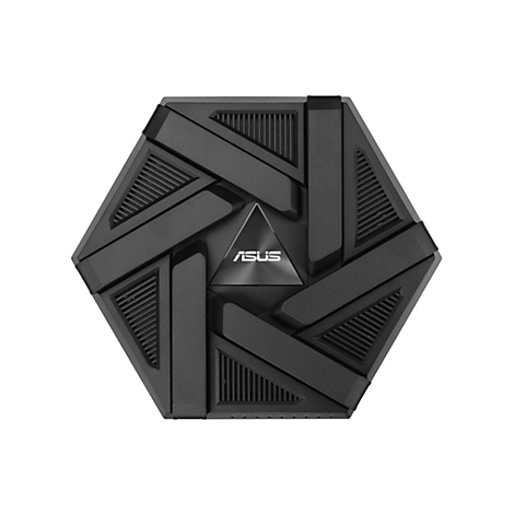 Vue de dessus d'un appareil hexagonal noir avec le logo ASUS.