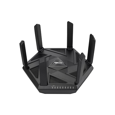 Schwarzer Router mit sechs Antennen, ASUS-Logo und Kontrollleuchten.